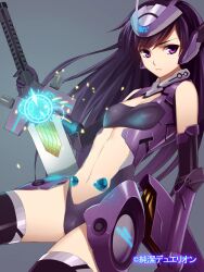  black_thighhighs commentary_request copyright_name female junketsu_duelion long_hair mecha_musume official_art oumigahara_kirei photoshop_(medium) purple_eyes purple_hair solo sword thighhighs translated weapon yangsion 