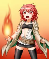  coat duel_monster fire hiita pataniito pataryouto red_eyes red_hair short_hair skirt thighhighs yu-gi-oh! yuu-gi-ou_duel_monsters zettai_ryouiki 