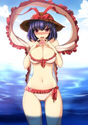  4-fingers_heart_hands alternate_headwear bare_shoulders bikini blush breasts cleavage commentary_request embarrassed female hat heart heart_hands heart_in_heart_hands large_breasts looking_at_viewer nagae_iku narumizg navel ocean open_mouth purple_hair red_eyes shawl short_hair solo straw_hat swimsuit touhou water 