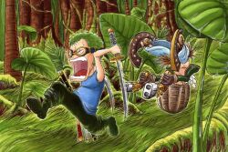  2boys braham chibi dual_wielding fight fighting flying forest goggles green_hair gun handgun hat hat_over_eyes male male_focus multiple_boys nature one_piece open_mouth pistol roronoa_zoro running scenery sheath skypiea sword tree weapon 