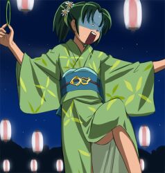  female flower green_hair green_kimono hair_flower hair_ornament haruyama_kazunori japanese_clothes kimono midorikawa_nao o_o open_mouth ponytail precure scared short_hair smile_precure solo turn_pale yukata 