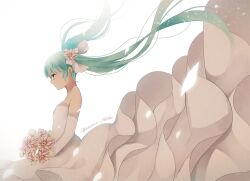  bad_id bad_pixiv_id bouquet character_name dress elbow_gloves female floating_hair flower gloves green_eyes green_hair hatsune_miku ichinose_(sorario) long_hair photoshop_(medium) profile simple_background solo twintails very_long_hair vocaloid white_background 