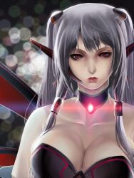  bare_shoulders blurry bokeh breasts chinese_commentary choker cleavage commentary_request depth_of_field female grey_hair hair_tubes highres large_breasts looking_at_viewer mass_effect_(series) mecha_musume okingjo original personification solo two_side_up upper_body 