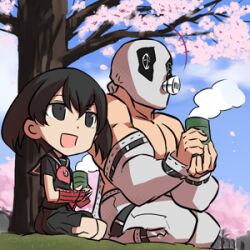  1boy akame_ga_kill! black_hair bols chibi detached_sleeves female fingerless_gloves gimp_mask gloves green_tea kurome_(akame_ga_kill!) lowres mask muscular official_art outdoors sailor_collar seiza short_hair sitting tashiro_tetsuya tea topless_male 