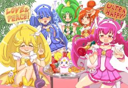  5girls aoki_reika arm_up armpits bad_id bad_pixiv_id bike_shorts blonde_hair blue_eyes blue_hair blue_skirt blush bong boots bow candy_(smile_precure!) catchphrase choker cure_beauty cure_happy cure_march cure_peace cure_sunny dress drugged drugs earrings english_text flower food green_choker green_eyes green_hair hair_flaps hair_tubes head_wings hino_akane_(smile_precure!) hookah hoshizora_miyuki jewelry kosshii_(masa2243) long_hair magical_girl marijuana midorikawa_nao multiple_girls open_mouth orange_choker orange_eyes orange_hair pink_bow pink_choker pink_eyes pink_hair pink_shorts pink_skirt pizza ponytail precure ribbon short_hair shorts shorts_under_skirt skirt smile smile_precure smoke thigh_boots thighhighs tiara twintails v very_long_hair wings wrist_cuffs yayoi_kise yellow_bow yellow_eyes yellow_skirt 