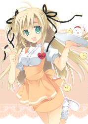  &gt;_&lt; :d ^^^ anna_miller bad_id bad_pixiv_id bird blonde_hair chick chicken closed_eyes copyright_request cowboy_shot female green_eyes hair_ribbon leg_up looking_at_viewer open_mouth orange_skirt photoshop_(medium) purinpurin ribbon shoes skirt smile standing standing_on_one_leg suspenders tareme tray waitress 