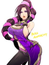  anarchy_reigns bare_shoulders black_hair boob_window breasts cleavage_cutout erect_nipples eyeshadow fei_rin female fingerless_gloves gloves headphones highres large_breasts leggings lips long_hair looking_at_viewer makeup max_anarchy midriff navel open_clothes open_mouth pants purple_eyes sega solo tayoko white_background zipper 