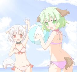  2girls animal_ears ball bare_shoulders beachball bikini collar commentary_request green_eyes green_hair groin highres inubashiri_momiji kasodani_kyouko looking_at_viewer multiple_girls navel no_headwear ocean oerba_yun_fang red_eyes shino_megumi short_hair side-tie_bikini_bottom swimsuit tail touhou waving white_hair wolf_ears wolf_tail 