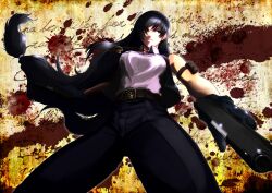  belt black_hair black_lagoon blood blood_stain breasts commentary_request din_(raiden) dual_wielding female gloves gun handgun highres holding jewelry large_breasts long_hair low-tied_long_hair m1911 necklace roberta_(black_lagoon) shirt sleeveless solo taut_clothes taut_shirt very_long_hair weapon 