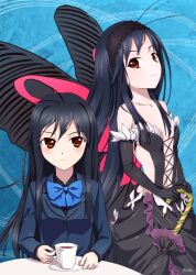  accel_world aloner antenna_hair bare_shoulders black_hair brown_eyes bug butterfly butterfly_wings chinese_commentary commentary_request dual_persona elbow_gloves female gloves insect_wings kuroyukihime photoshop_(medium) school_uniform umesato_middle_school_uniform wings 