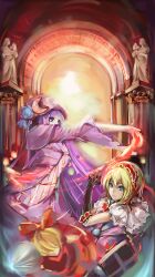  2girls alice_margatroid alisa_(kuro_no_sakura) bad_id bad_pixiv_id blurry book capelet grimoire grimoire_of_alice hairband highres multiple_girls outstretched_arm patchouli_knowledge photoshop_(medium) pillar shanghai_doll string touhou 