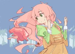  bird chicken commentary_request dress female green_eyes headless jinrui_wa_suitai_shimashita knife long_hair motion_lines pink_hair prehensile_hair solo watashi_(jintai) yuki_mura_(fdg5w2f) 