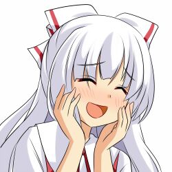  :d ^_^ be_(o-hoho) blush bow closed_eyes commentary_request female fujiwara_no_mokou hairbow hands_on_own_face happy long_hair open_mouth smile solo touhou white_background white_hair 