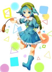  backpack bad_id bad_pixiv_id bag blue_eyes blue_hair blush boots female hair_bobbles hair_ornament hat highres kawashiro_nitori key migihidari_(puwako) short_hair skirt sleeves_rolled_up smile solo touhou triangle two_side_up 