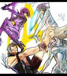  2boys 2girls anarchy_reigns blonde_hair bodysuit brown_hair chainsaw cyborg goggles grey_hair jack_cayman jacket leonhardt_victorion long_hair mace madworld mathilda mathilda_(madworld) max_anarchy multiple_boys multiple_girls purple_hair sasha_ivanoff skin_tight skintight sunglasses weapon 