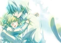  1boy blonde_hair closed_eyes commentary_request emi_(penguin908) female grey_hair hair_ribbon hug lolicon open_mouth pandora_hearts photoshop_(medium) ribbon short_hair sinclair_girl smile wavy_hair xerxes_break 