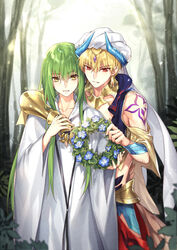  2boys androgynous arabian_clothes armor bare_shoulders blonde_hair blue_flower bracer commentary_request earrings enkidu_(fate) fate/grand_order fate/strange_fake fate_(series) faulds fern flower forest gauntlets gem gilgamesh_(caster)_(fate) gilgamesh_(fate) gorget green_hair head_wreath head_wreath_removed headpiece holding holding_wreath horns hug hug_from_behind jewelry kangetsu_(fhalei) light_particles long_hair long_sleeves male_focus multiple_boys nature nemophila_(flower) outdoors red_eyes robe single_gauntlet smile standing tree turban white_robe wide_sleeves yellow_eyes 