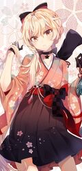  alternate_costume arm_up bag black_gloves blonde_hair blush bow braid chocho_(homelessfox) choker closed_mouth commentary_request eyes_visible_through_hair female floral_background floral_print flower girls&#039;_frontline gloves hair_ribbon hairbow hakama hakama_short_skirt hakama_skirt half_gloves hand_in_own_hair head_tilt high-waist_skirt holding holding_own_hair japanese_clothes kinchaku korean_commentary long_hair looking_at_viewer obi official_alternate_costume ots-14_(flurry_of_petals)_(girls&#039;_frontline) ots-14_(girls&#039;_frontline) pouch ribbon sash skirt smile solo standing thighhighs tsurime very_long_hair wide_sleeves wind wind_lift yellow_eyes 