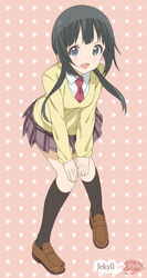  :d aiura black_eyes black_hair black_socks female hands_on_own_knees kneehighs loafers low_twintails mizuki_makoto necktie open_mouth photoshop_(medium) pink_background plaid plaid_skirt polka_dot polka_dot_background school_uniform shoes skirt smile socks solo sweater twintails uehara_ayuko 