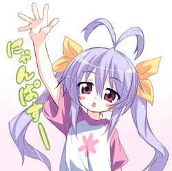  antenna_hair bad_id bad_pixiv_id blush_stickers casual catchphrase chestnut_mouth female hand_up long_hair miyauchi_renge non_non_biyori nyanpassu~ purple_hair raglan_sleeves red_eyes take_shinobu twintails 