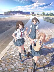  3girls :d :o absurdres beach black_thighhighs blue_footwear brown_eyes brown_footwear brown_hair building cloud collared_shirt crest day dress dress_shirt enoshima from_above grey_dress grey_skirt highres in-universe_location kneehighs lamppost light_brown_hair lighthouse loafers long_hair looking_at_another miniskirt miyamoto_konatsu multiple_girls necktie official_art okita_sawa open_mouth outdoors outstretched_arms patch pavement pleated_skirt ponytail red_necktie road sakai_wakana school_uniform sekiguchi_kanami sett shadow shirt shoes short_hair short_sleeves skirt sky sleeveless sleeveless_dress smile sneakers socks spread_arms stone_wall sunlight sweater_vest tari_tari thighhighs walking wall water white_shirt 