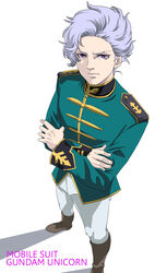  1boy angelo_sauper boots commentary_request crossed_arms from_above grey_hair gundam gundam_unicorn male_focus military military_uniform mns purple_eyes simple_background solo toggles uniform white_background 