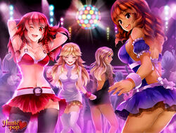  4girls ;) audrey_belrose back backless_outfit belt black_legwear blonde_hair bracelet breasts brown_hair casual cleavage closed_eyes commentary dancing dark-skinned_female dark_skin detached_sleeves disco disco_ball dress earrings ganguro hands_in_hair highres hoop_earrings hunie_(series) huniepop jessie_maye jewelry kaskia large_breasts lola_rembrite long_hair looking_at_viewer mature_female medium_breasts multiple_girls official_art one_eye_closed open_mouth promotional_art red_eyes red_hair ringlets short_dress sideboob skirt smile thighhighs tiffany_maye watermark white_thighhighs zettai_ryouiki 