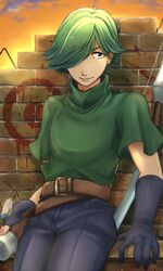  1boy arrow_(projectile) belt blue_eyes bow_(weapon) commentary_request fire_emblem fire_emblem:_mystery_of_the_emblem gloves green_hair hair_over_one_eye kizi_sizui23 male_focus sky solo tomas_(fire_emblem) weapon 