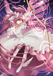  bow bow_(weapon) commentary_request female gloves hairbow kaname_madoka long_hair magical_girl mahou_shoujo_madoka_magica mahou_shoujo_madoka_magica_(anime) open_mouth pink_hair solo spoilers two_side_up ultimate_madoka very_long_hair weapon white_gloves yellow_eyes yuu_(yuyukaikan) 