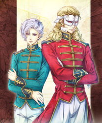  2boys angelo_sauper blonde_hair full_frontal gloves gundam gundam_unicorn long_hair male male_focus mask military military_uniform multiple_boys purple_eyes silver_hair styx16 uniform wavy_hair 