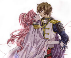  1boy brown_hair cloak code_geass couple euphemia_li_britannia female female gloves green_eyes hair_ornament hand_holding holding_hands kururugi_suzaku long_hair male military military_uniform nightmare_of_nunnally pesu pink_hair ponytail purple_eyes short_hair uniform white_gloves 