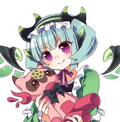  aqua_hair astaroth_(p&amp;d) bad_id bad_pixiv_id black_bow blush bow cauchemar_(p&amp;d) demon_girl demon_horns female frills hairband horns kozakura_(dictionary) pentacle purple_eyes purple_ribbon puzzle_&amp;_dragons ribbon short_hair simple_background smile solo stuffed_toy white_background wings 