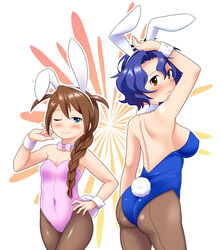  2girls animal_ears ass baba_konomi blue_eyes blue_hair bow bowtie braid breasts brown_eyes brown_hair commentary_request detached_collar hair_over_shoulder idolmaster idolmaster_million_live! large_breasts long_hair multiple_girls pantyhose petite photoshop_(medium) playboy_bunny rabbit_ears rabbit_tail short_hair single_braid small_breasts tail toshifumi toyokawa_fuka wrist_cuffs 