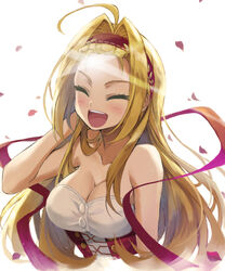  :d ^_^ ahoge alternate_hairstyle bangs_pinned_back bare_shoulders blush breasts bustier cleavage closed_eyes commentary cropped_torso facing_viewer fate/extra fate_(series) female forehead hair_down hair_intakes hand_in_own_hair hand_up headband highres large_breasts long_hair nero_claudius_(fate) nero_claudius_(fate/extra) open_mouth petals photoshop_(medium) rose_petals round_teeth shiny_forehead simple_background smile solo string string_of_fate teeth tonee upper_body upper_teeth_only very_long_hair white_background 