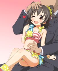  1boy akagi_miria arm_support bikini black_hair blush brown_eyes commentary_request female formal frilled_bikini frills idolmaster idolmaster_cinderella_girls navel one_eye_closed pikapikapop_(idolmaster) producer_(idolmaster) short_hair sitting sitting_on_person striped_bikini striped_clothes suit swimsuit two_side_up tyke 