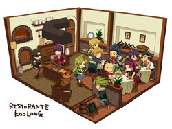  4girls ahoge annie_(saga_frontier) aqua_eyes blonde_hair blue_eyes brown_hair commentary_request em_crazy emilia_(saga_frontier) everyone fei-on fuse_(saga_frontier) gen_(saga) liza_(saga_frontier) long_hair lute_(saga_frontier) mei_ling_(saga) multiple_boys multiple_girls orange_hair purple_eyes purple_hair red_(saga_frontier) ren_(saga_frontier) riki_(saga) roufas saga saga_frontier short_hair t260g_(saga) 