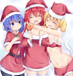  3girls :/ :d ^_^ aka_no_ripika animal_hat ao_no_rupika beatmania_iidx bikini bikini_top_only black_legwear blonde_hair blue_eyes blue_hair blush breasts capelet cat_hat cat_tail chicken_(food) chicken_leg christmas closed_eyes closed_mouth commentary_request dress fang_out food food_bite food_on_face girl_sandwich groin hair_between_eyes hat head_tilt holding holding_food hug ki_no_rapika kyuukon_(qkonsan) long_hair long_sleeves looking_at_another medium_breasts miniskirt multiple_girls navel oerba_yun_fang off-shoulder_dress off_shoulder open_mouth outstretched_arm pantyhose red_bikini red_hair sandwiched santa_costume santa_hat short_twintails skirt smile sweatdrop swimsuit tail thighhighs twintails very_long_hair white_legwear 