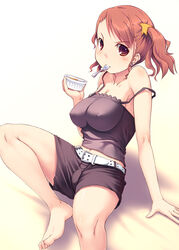  anjou_naruko ano_hi_mita_hana_no_namae_wo_bokutachi_wa_mada_shiranai. barefoot black_shorts blush camisole commentary_request feet female mouth_hold navel photoshop_(medium) red_eyes red_hair shorts sitting solo strap_slip syacyo twintails 