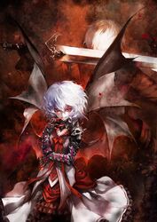  1boy alternate_costume armor back-to-back bad_id bad_nicoseiga_id banpai_akira bat_wings belt crossover dante_(devil_may_cry) devil_may_cry_(series) devil_may_cry_3 female force_edge_(dmc) gauntlets grin highres jacket light_purple_hair open_belt over_shoulder pauldrons red_eyes remilia_scarlet short_hair shoulder_armor smile sword touhou weapon weapon_over_shoulder white_hair wings 