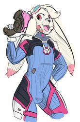  2017 anthro black_nose blizzard_entertainment bulge clothing cosplay d.va_(overwatch) femboy fishears fur gun handgun hi_res lagomorph leporid male mammal overwatch pose rabbit ranged ranged_weapon red_eyes simple_background solo weapon white_body white_fur 