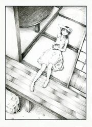  armpits barefoot book commentary_request dress feet female greyscale highres lying monochrome original parano solo table tatami 