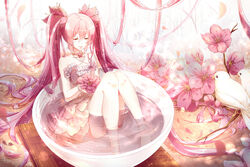  absurdly_long_hair bird cherry_blossoms closed_eyes commentary_request cup dress female flower food hair_flower hair_ornament hatsune_miku in_food long_hair mini_person minigirl partially_submerged phino pink_hair sakura_miku sitting solo strapless strapless_dress tea teacup twintails very_long_hair vocaloid 