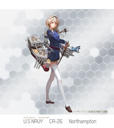  aircraft airplane bow braid character_name commentary_request crossed_legs female flower garter_straps grey_hair hair_flower hair_ornament hairband hairbow hand_on_hilt highres holding jeanex kantai_collection lace lace-trimmed_legwear lace_trim loafers long_hair looking_at_viewer machinery military military_uniform northampton_(pacific) original pacific_(kancolle) photoshop_(medium) saber_(weapon) shoes single_braid solo sword thighhighs translation_request turret uniform united_states watson_cross weapon white_thighhighs zettai_ryouiki 