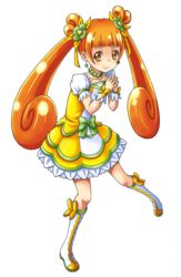  blonde_hair boots bow choker clover clover_hair_ornament commentary_request cure_rosetta dokidoki!_precure double_bun earrings female flower four-leaf_clover four-leaf_clover_hair_ornament full_body green_choker hair_bun hair_flower hair_ornament jewelry knee_boots long_hair magical_girl mitamura-kun_(landcell) orange_eyes orange_hair precure ribbon rose simple_background skirt smile solo twintails waist_bow white_background wrist_cuffs yotsuba_alice 