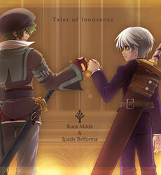  2boys belt blue_eyes brown_background character_name clenched_hand coat copyright_name fingerless_gloves fist_bump gloves green_hair grin hat multiple_boys pants photoshop_(medium) retpa ruca_milda scabbard sheath smile spada_belforma tales_of_(series) tales_of_innocence white_hair yellow_eyes 