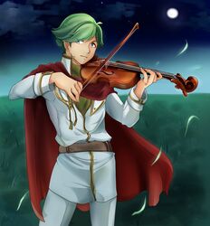  1boy alternate_costume blue_eyes cape commentary_request fire_emblem fire_emblem:_mystery_of_the_emblem grass green_hair instrument kizi_sizui23 male_focus moon night night_sky outdoors sky solo tomas_(fire_emblem) upper_body violin 