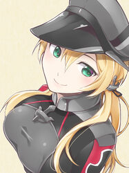  anchor_hair_ornament blonde_hair breasts commentary_request cross female green_eyes hair_ornament hat iron_cross kantai_collection large_breasts long_hair long_sleeves looking_at_viewer military military_uniform namaenadonai peaked_cap prinz_eugen_(kancolle) smile solo twintails uniform upper_body 