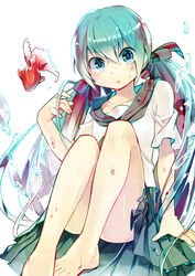  aqua_eyes aqua_hair bad_id bad_pixiv_id barefoot bottle_miku feet female fish hair_ribbon hatsune_miku highres long_hair ribbon school_uniform serafuku simple_background sitting skirt solo twintails very_long_hair vocaloid water wet white_background zanunoneko 