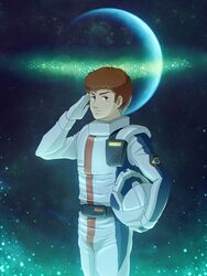  1boy amuro_ray bad_id bad_pixiv_id brown_eyes brown_hair cabbage666 char&#039;s_counterattack commentary_request earth_(planet) gundam helmet looking_at_viewer pilot_suit planet salute science_fiction short_hair space spacesuit star_(sky) 