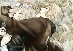  1boy america_(hetalia) axis_powers_hetalia bad_id bad_pixiv_id belarus_(hetalia) black_gloves blonde_hair bomber_jacket bow closed_eyes couple female glasses gloves grass hairbow hanazawa holding holding_removed_eyewear hug jacket long_hair lying on_back on_side photoshop_(medium) short_hair sleeping straight unworn_eyewear 